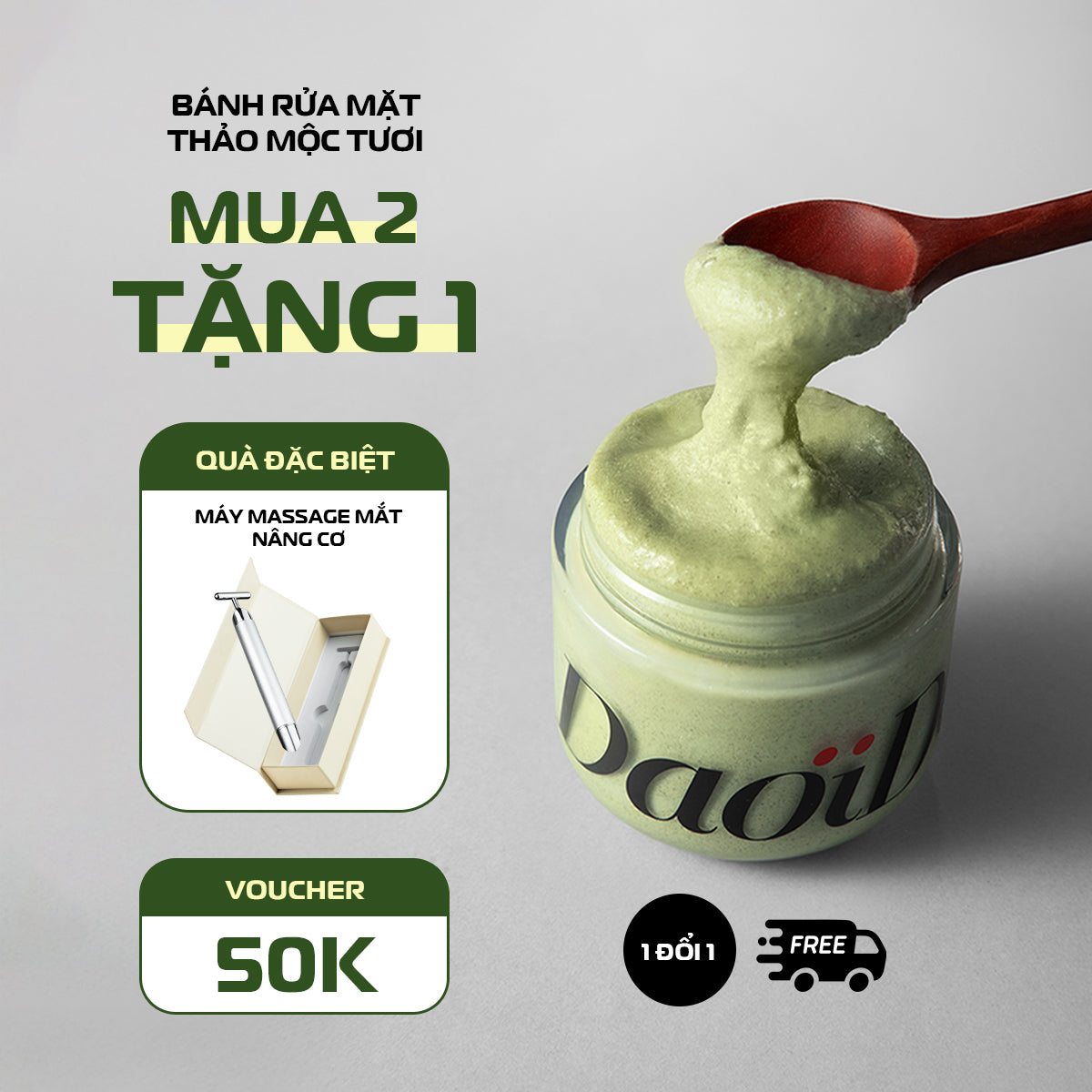 [1 ĐỔI 1] Bánh Rửa Mặt Thảo Mộc Tươi DaoiDa Cải Thiện Mụn Đầu Đen & Lỗ Chân Lông (120G)
